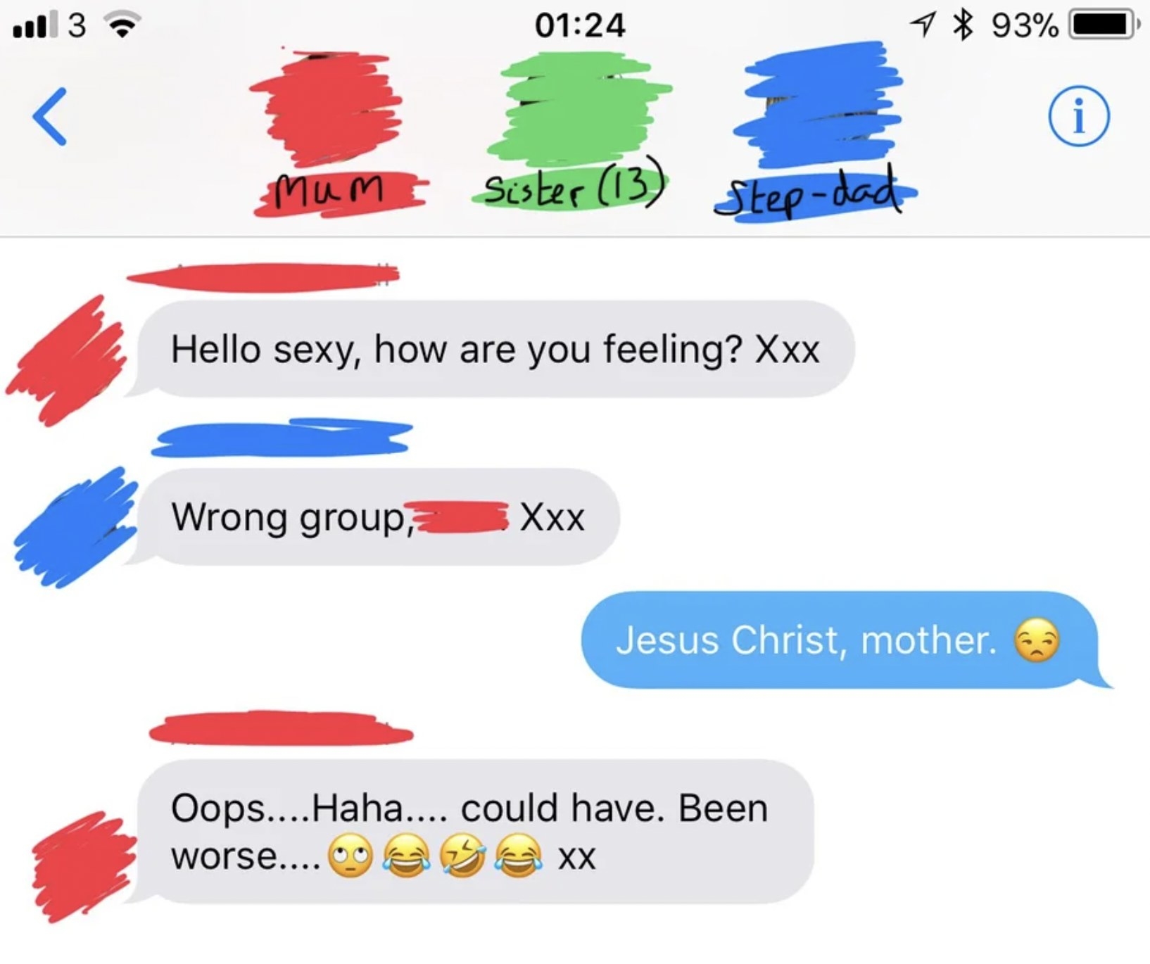 mom sends a &quot;hello sexy&quot; text in the family group chat