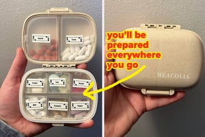 Reviewer holding up their travel medication holder, open filled with meds with each compartment labeled, and closed, with words "you'll be prepared everywhere you go"