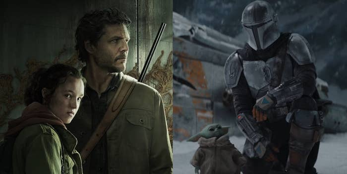 pedro pascal as joel in the last of us with ellie and in the mandalorian with grogu