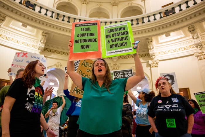 Woman holding up signs reading &quot;legal abortion nationwide now!&quot; and &quot;abortion on demand &amp; without apology.&quot;