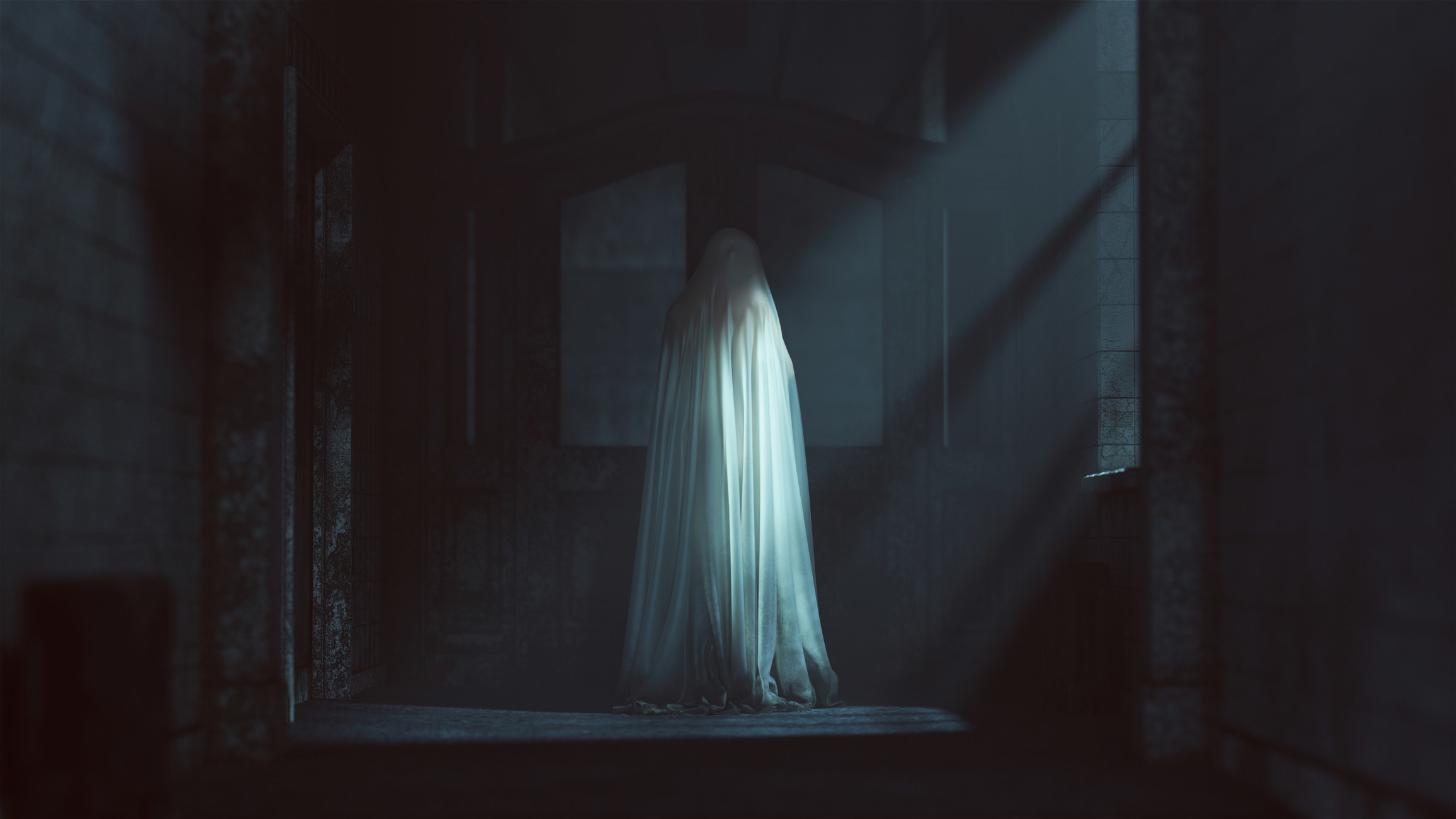 ghost in a derelict hallway