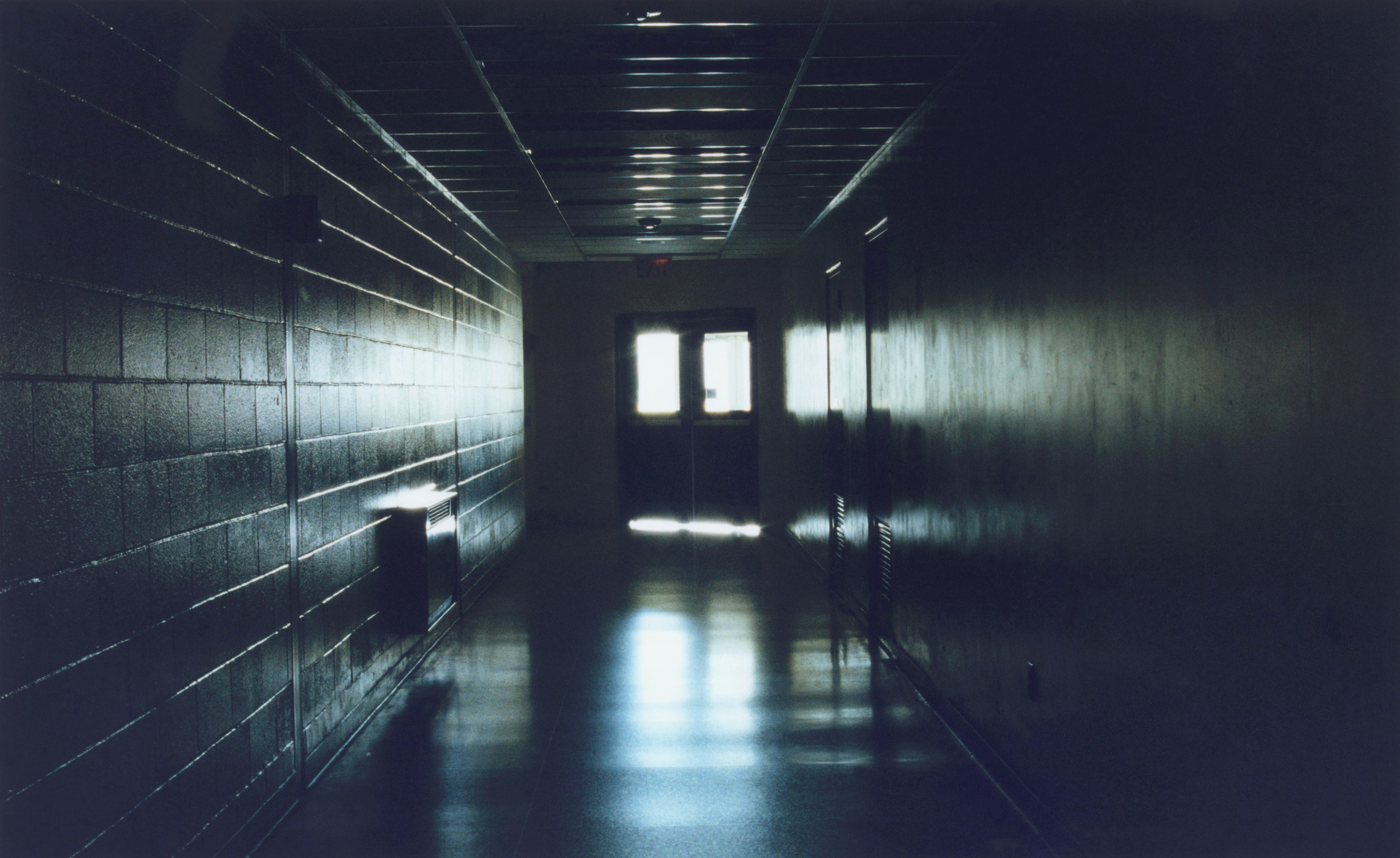 long and dark school hallway