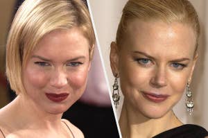 Renée Zellweger tilts her head down and playfully smiles as she poses for a photo vs Nicole Kidman smirking as she poses for a photo