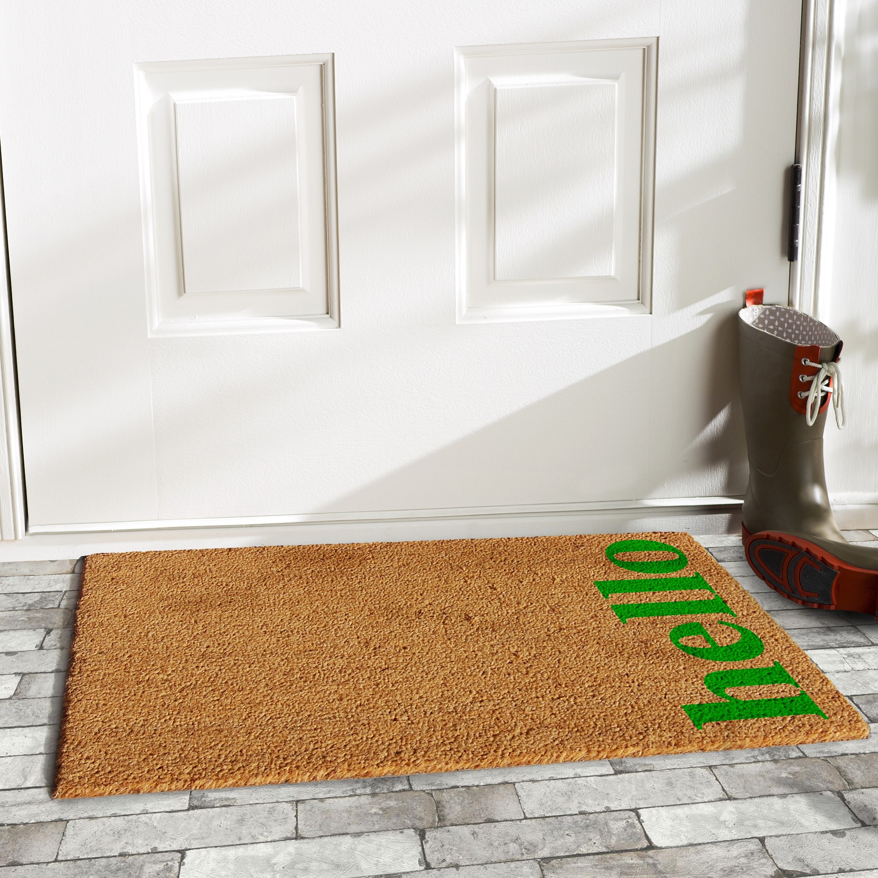 coir doormat with green hello