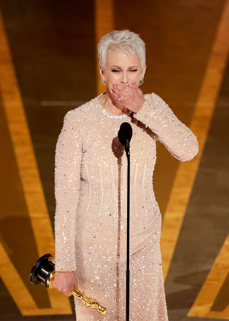 Jamie Lee Curtis accepting her Oscar