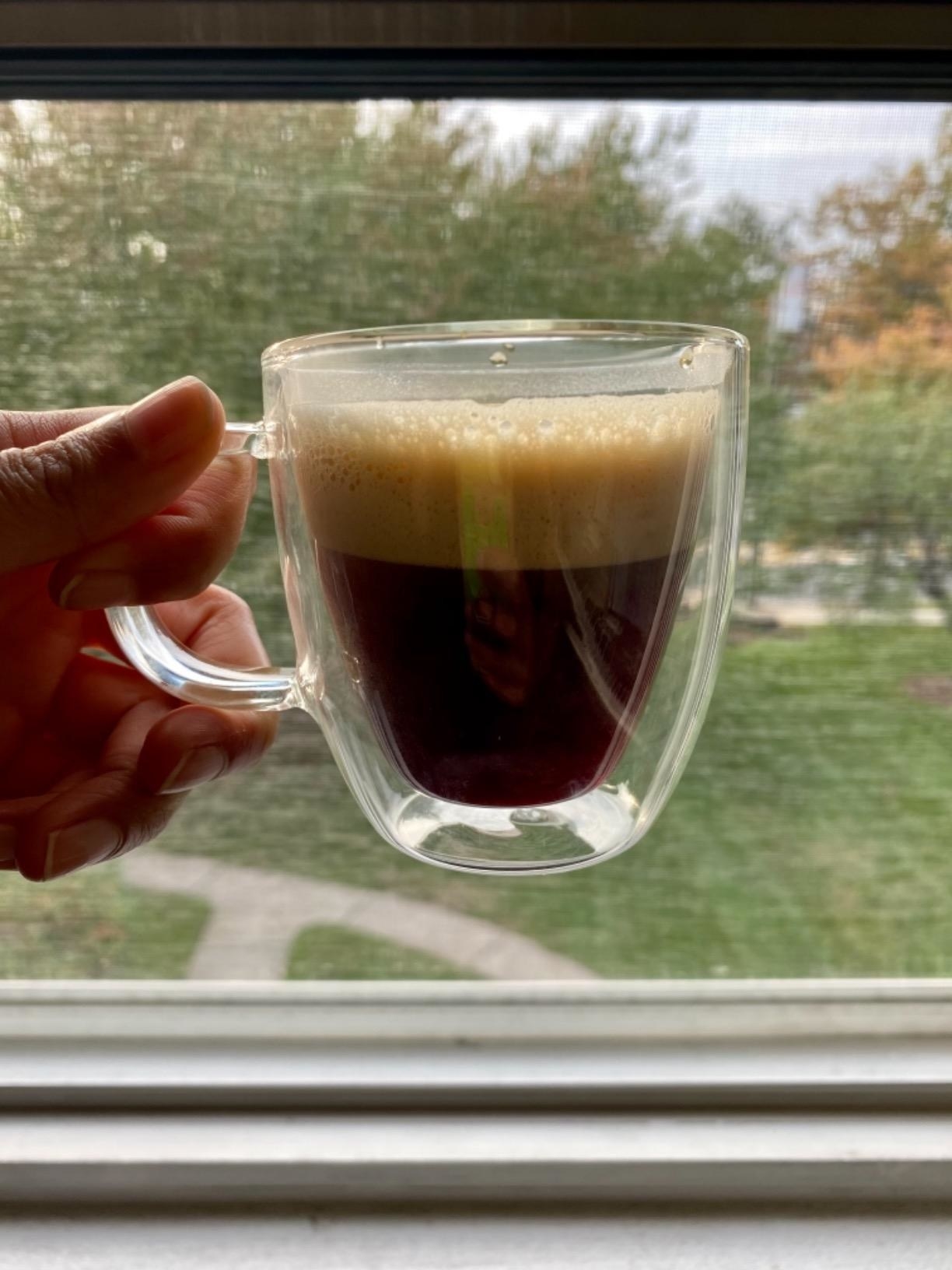 Reviewer holding mug of foaming cappuccino in front of window