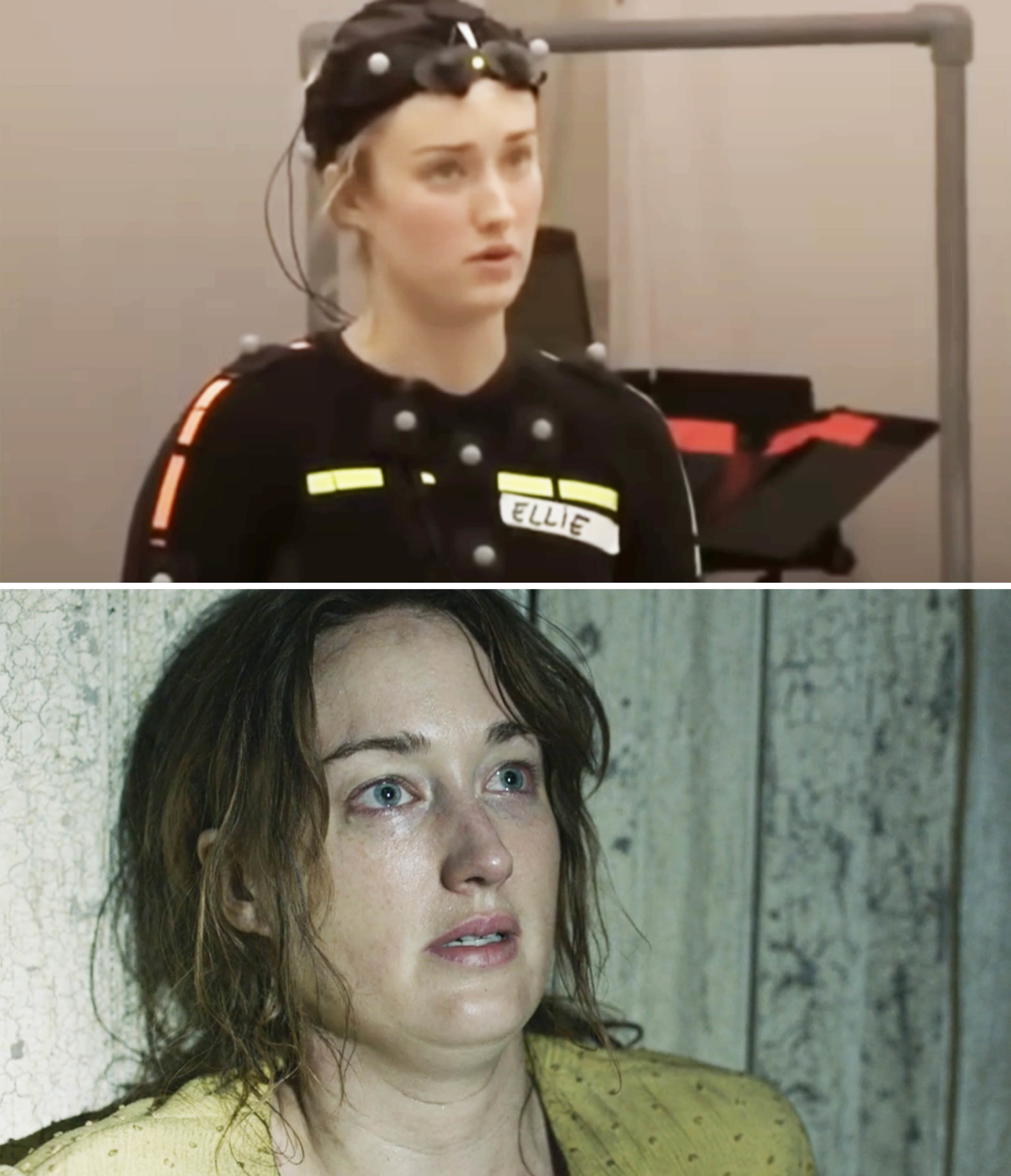 Ashley Johnson in her full motion capture suit as Ellie juxtaposed with Ashley playing Anna in the most recent episode