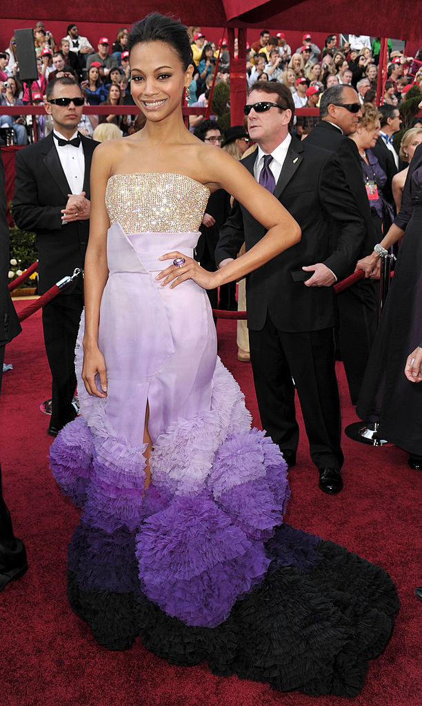 Zoe on the red carpet in a strapless frilly gown
