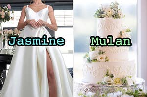 On the left, a bride wearing a silky dress with a slit up one side labeled Jasmine, and on the right, a three-tiered wedding cake with flowers on it labeled Mulan