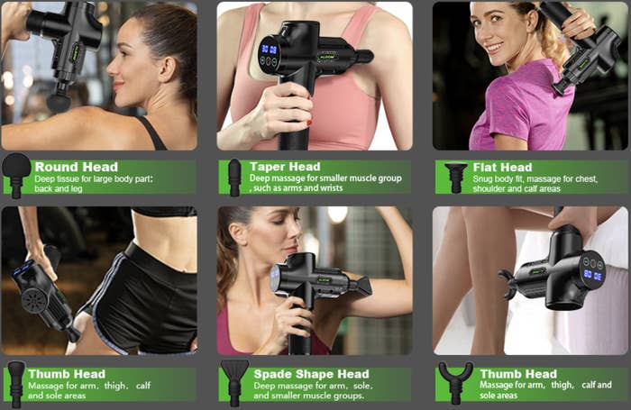 an explanation of the six head attachments the massage gun comes with