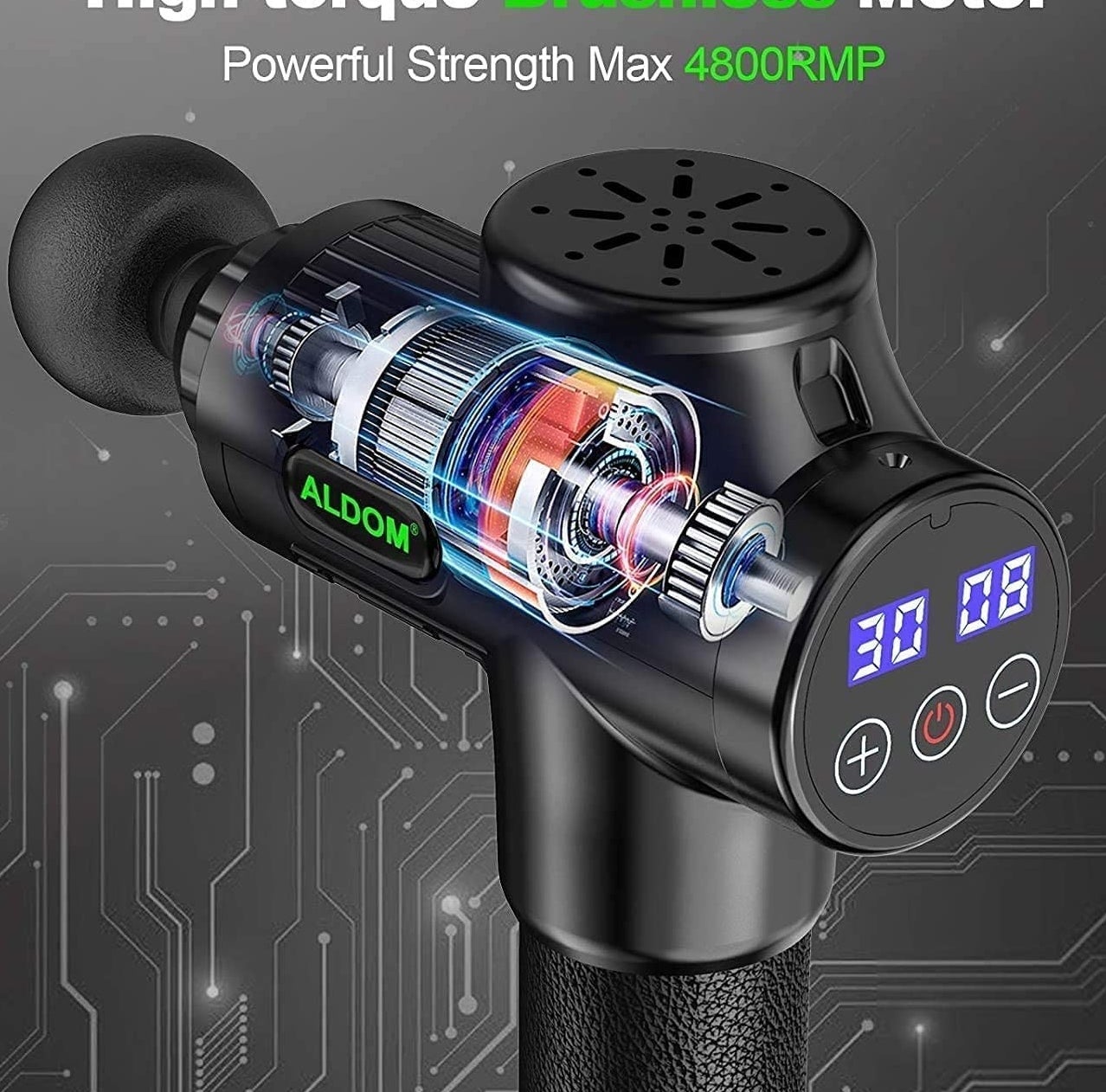 the massage gun on a patterned background