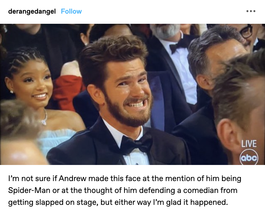 Screenshot of Andrew Garfield making a cringey face