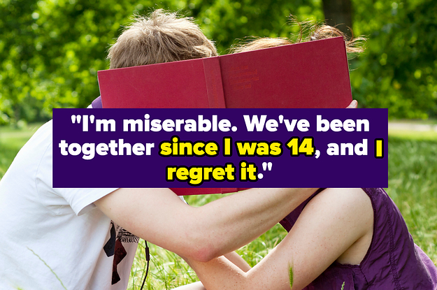 "I'm miserable. We've been together since I was 14, and I regret it" over a young couple kissing behind a book