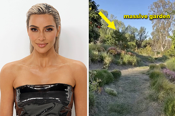 Kim Kardashian smiles as she stares straight ahead and poses for a photo vs a view of Kim Kardashian's home garden