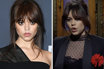 Jenna Ortega stares blankly on the red carpet as a photographer takes her photo vs Jenna Ortega looking to the right as she speaks during her Saturday Night Live monologue