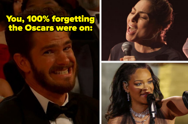 Andrew Garfield looking upset side by side with Lady Gaga and Rihanna performing