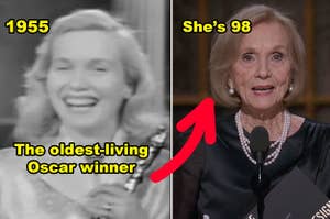 Side-by-sides of Eva Marie Saint winning her Oscar in 1955 vs. her on stage in 2018
