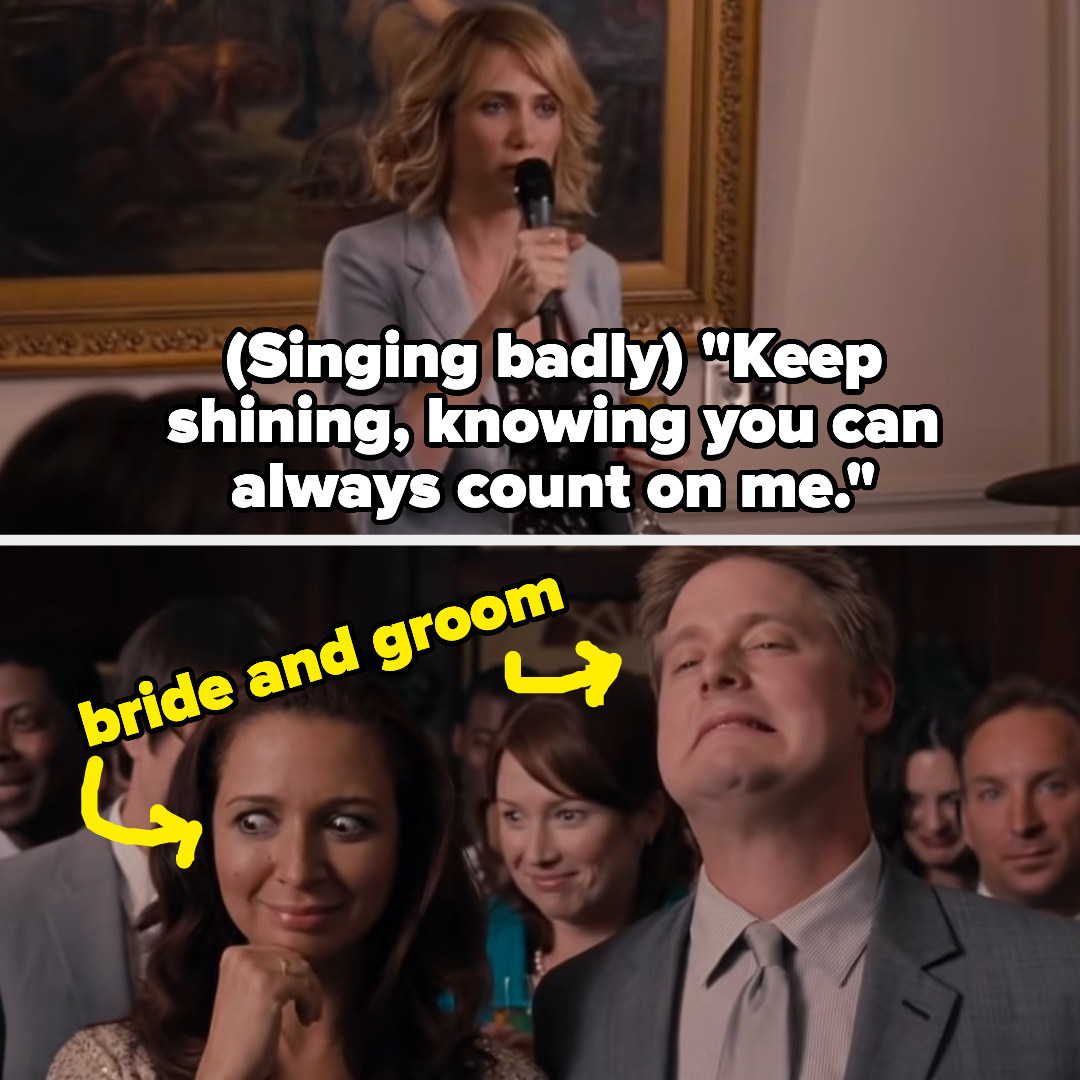 Woman singing off-key as bride and groom cringe