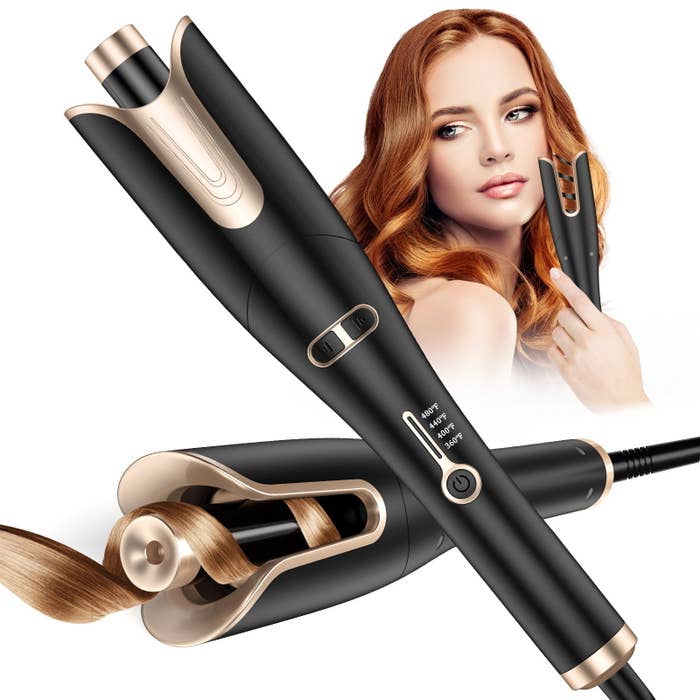 A black and rose gold curling iron.