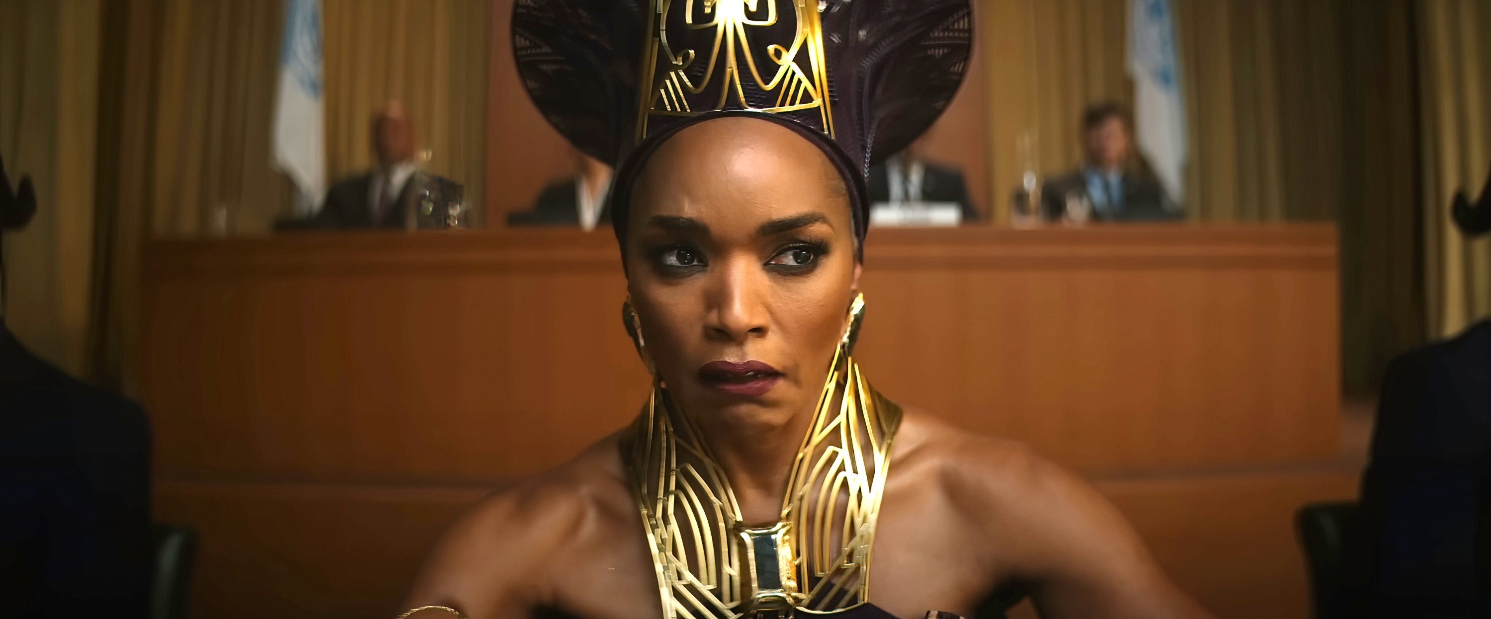A closeup of Angela as Queen Ramonda in a scene from Black Panther: Wakanda Forever