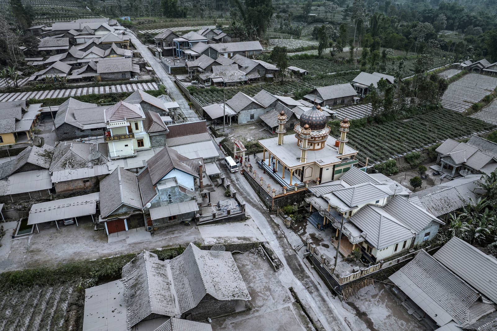 an aerial view of a village with one to two story houses, a colorful mosque, and fields of crops covered in white ash