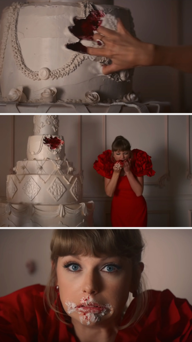 Taylor Swift digging into a wedding cake with her hand