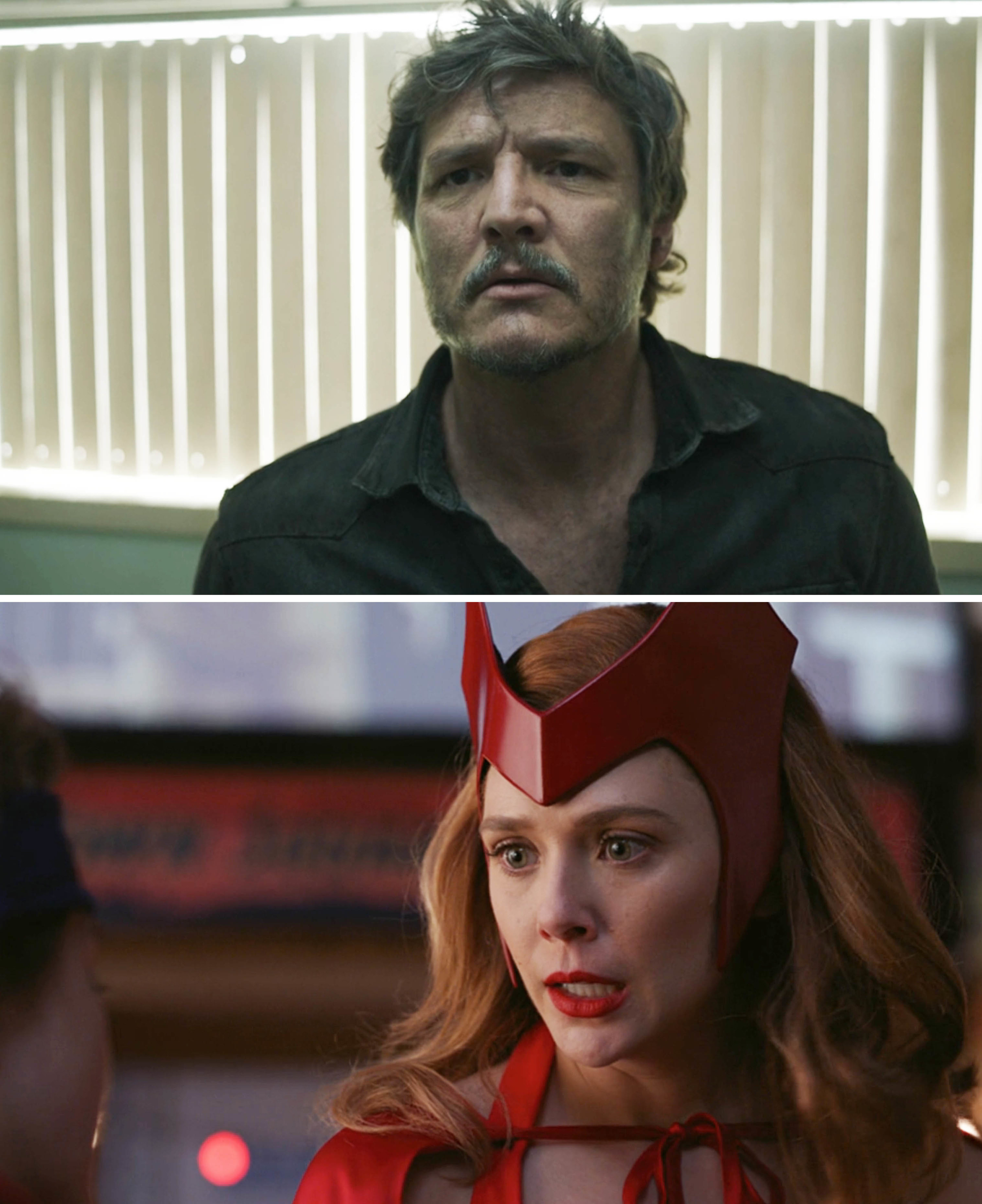 On top, Pedro as Joel in The Last of Us and Elizabeth as The Scarlet Witch in WandaVision in the bottom photo