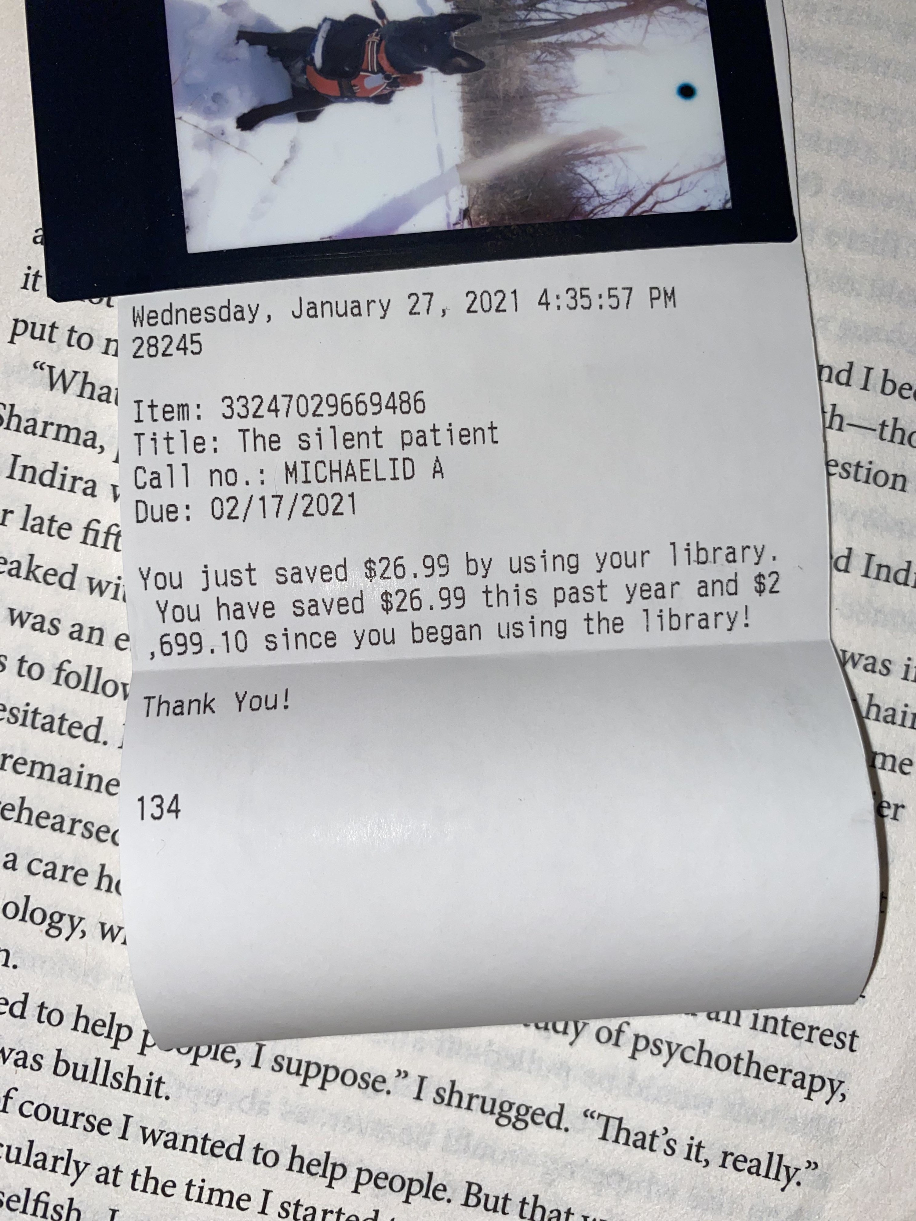 Receipt showing &quot;you saved $26 by using your library&quot;