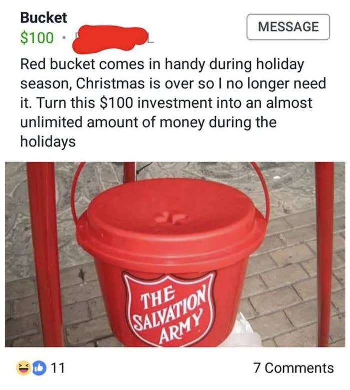 A person trying to sell a Salvation Army bucket