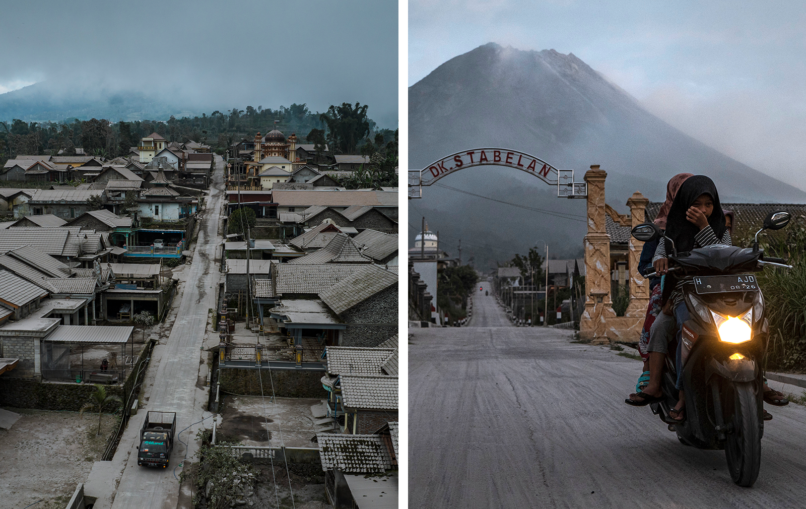 a split image of an aerial view of Stablen village covered in thick ash, the sky obscured in smoke on the left, on the right is an image of a two people on a motorcycle riding out of the village of stablan with Mount Merapi in the background
