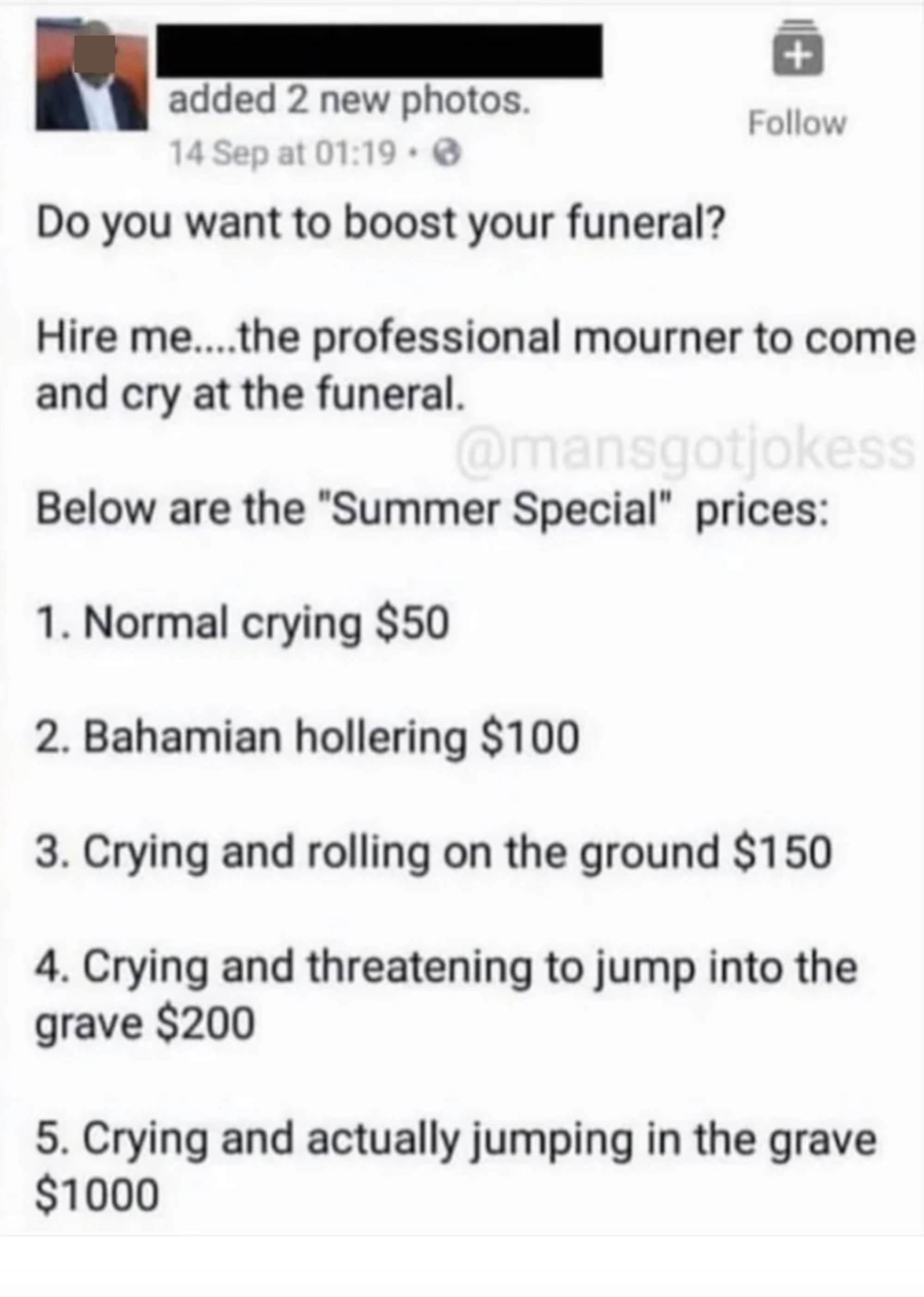 A professional mourner listing an ad for their services