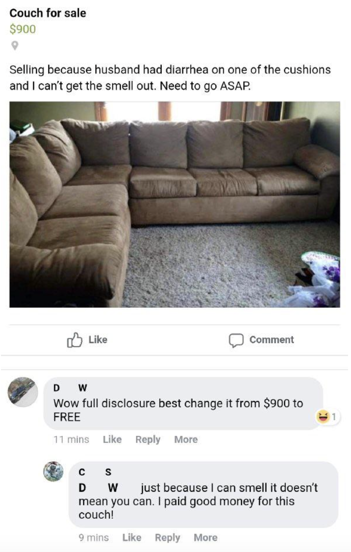 A person trying to sell a couch her husband shat on