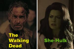 On the left is an image of a bloodied up Rick Grimes from The Walking Dead and on the right is She Hulk looking angrily at someone