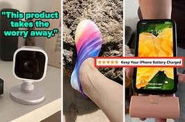 L: a reviewer photo of a camera and a quote reading "This product take the worry away.", M: a reviewer wearing a water shoe, R: a reviewer holding a phone with a portable charger plugged in and a five-star review titled "Keep your iPhone Battery charged"