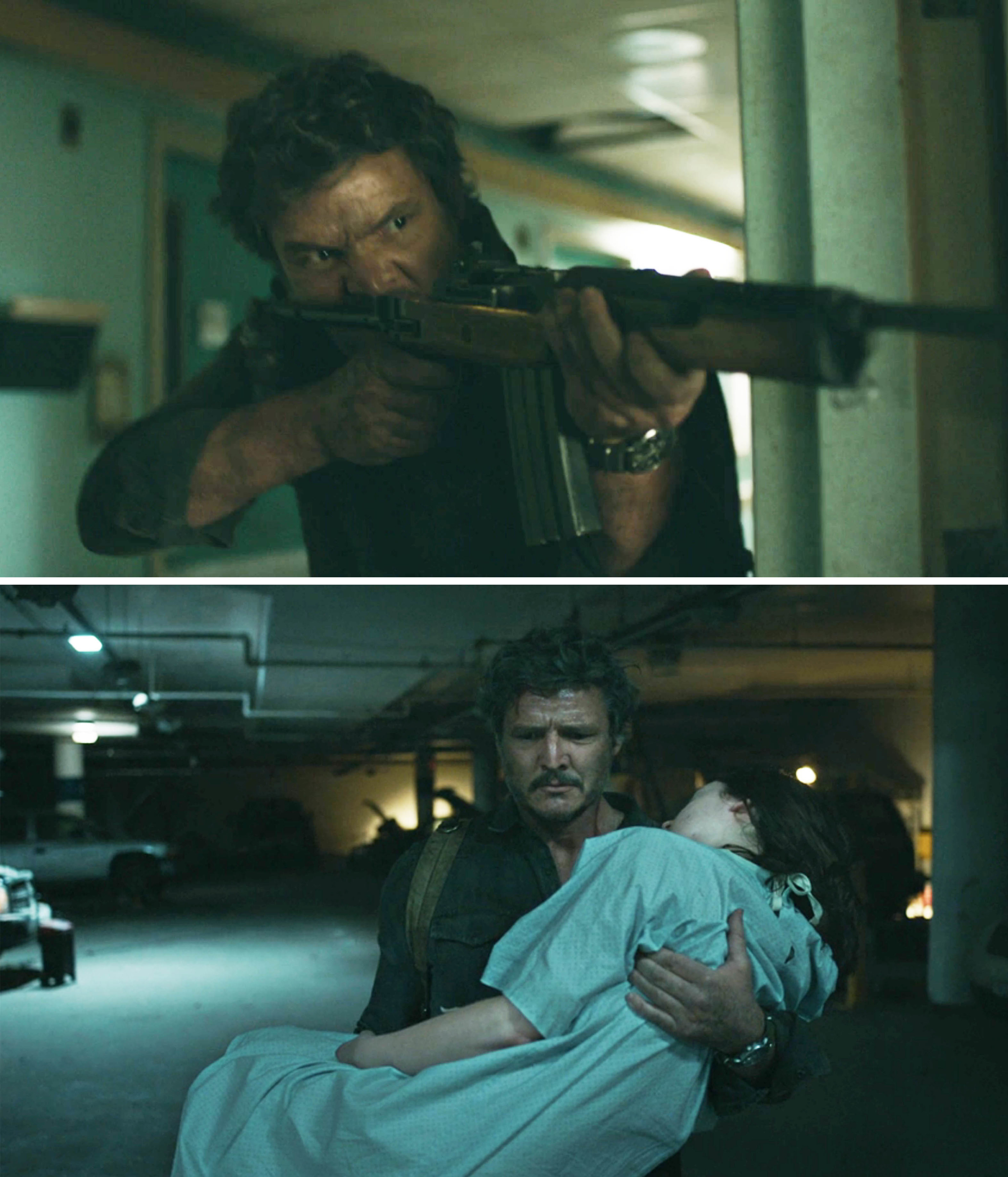 Joel pointing a rifle in the top image and Joel carrying Ellie in the bottom image