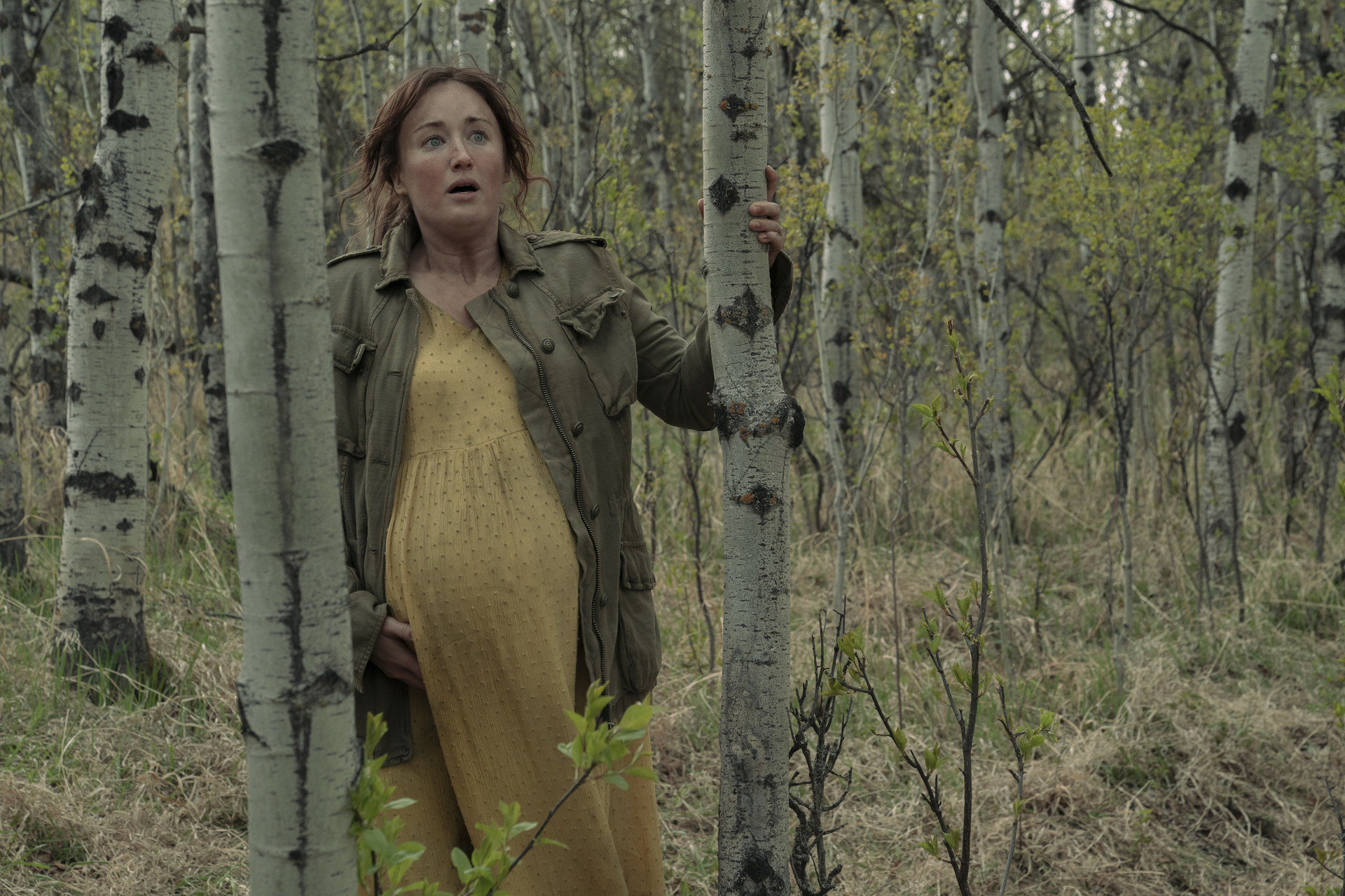 Ellie&#x27;s mom holding onto a tree while pregnant with her