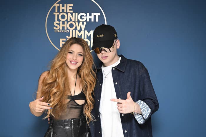 Shakira and Bizarrap pose for a photo backstage at the The Tonight Show starring Jimmy Fallon