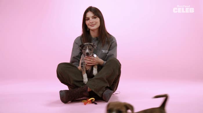 Emily sitting cross-legged on the ground as she holds a puppy