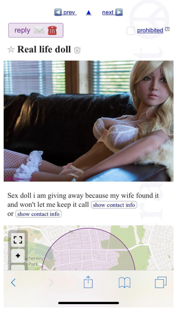 A person trying to sell their sex doll