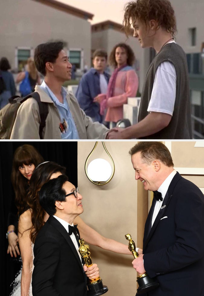 Top: Ke Huy Quan and Brendan Fraser in Encino Man; Bottom: Ke Huy Quan and Brendan Fraser pose in the press room
