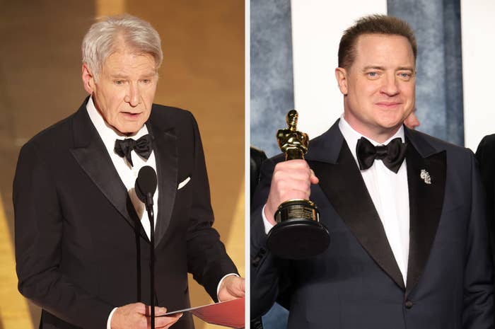 Left: Harrison Ford speaks onstage during the 95th Annual Academy Awards; Right: Brendan Fraser attends the 2023 Vanity Fair Oscar Party