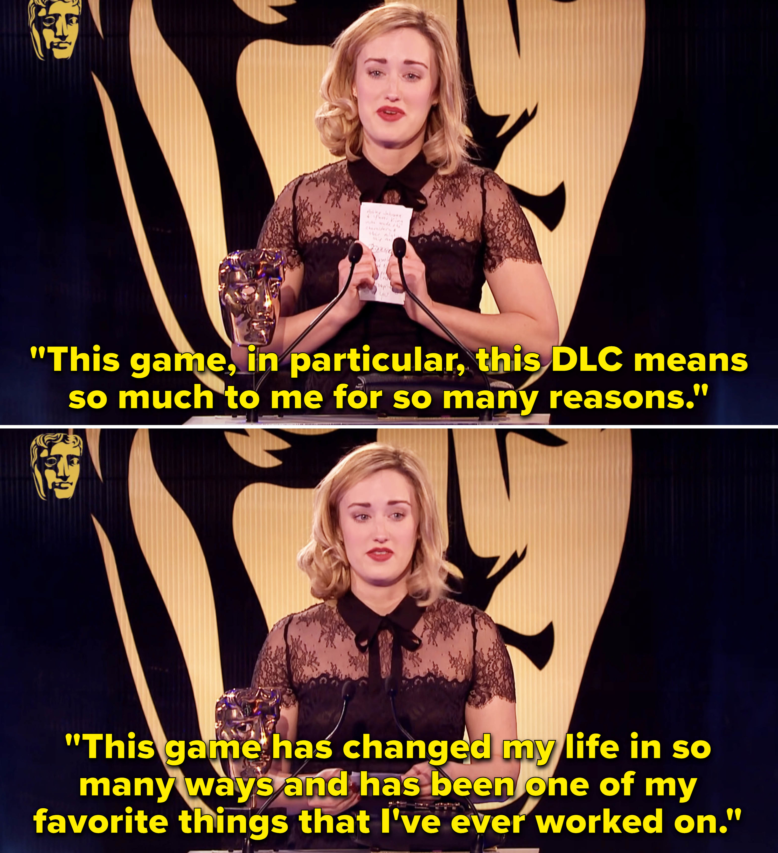 Ashley on the BAFTAs stage talking about how much the game has changed her life