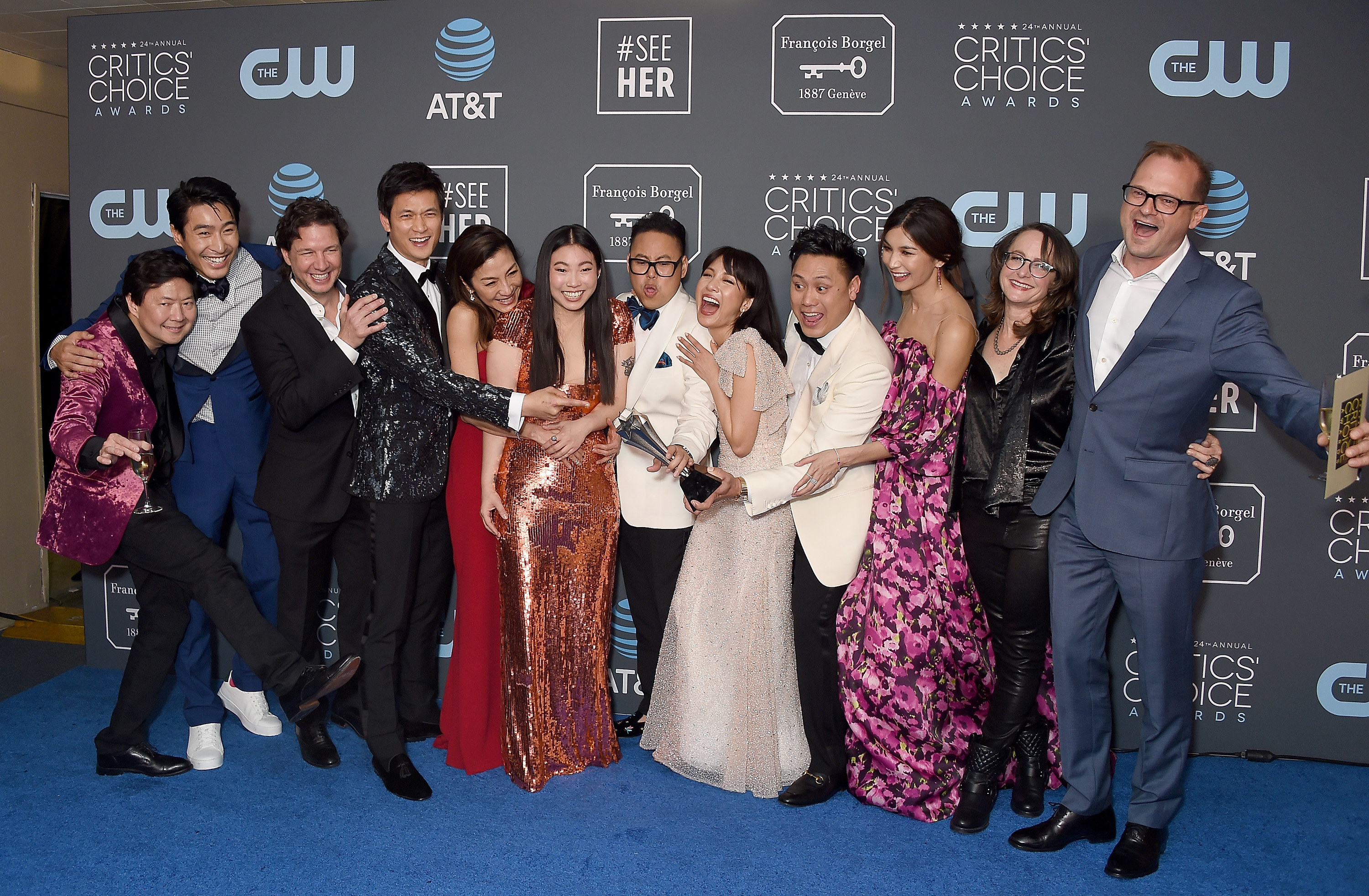 Ken Jeong, Harry Shum Jr., John Penotti, Chris Pang, Awkwafina, Michelle Yeoh, Nico Santos, Constance Wu, Jon M. Chu, Gemma Chan, Nina Jacobson, and Brad Simpson, winners of the Best Comedy award for &#x27;Crazy Rich Asians&#x27;