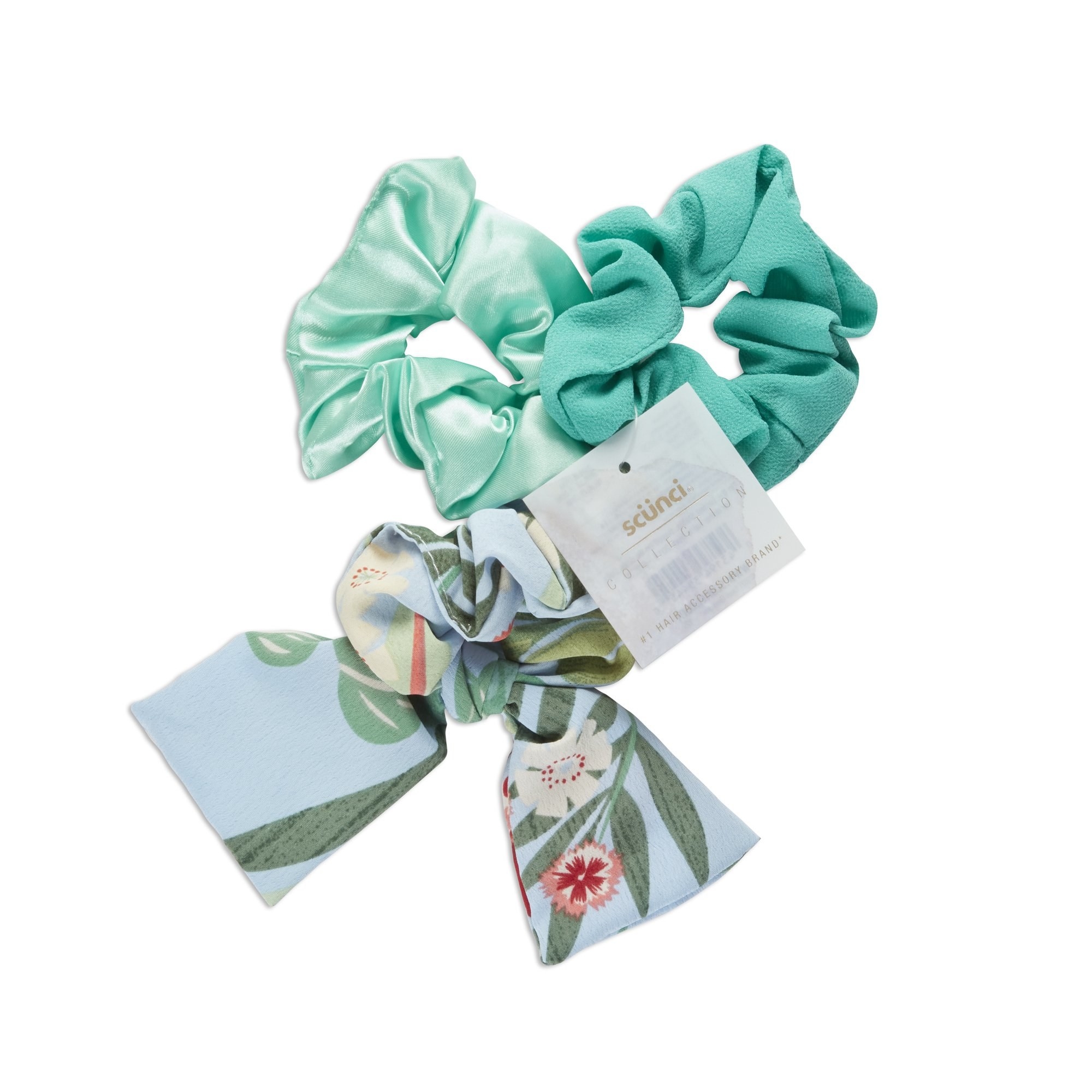 A pack of mint-colored scrunchies