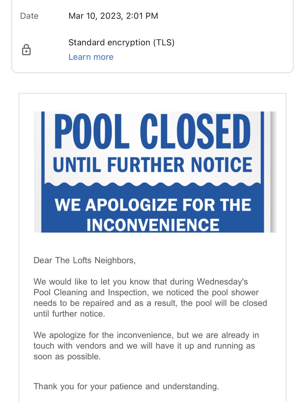 screenshot of pool closed email