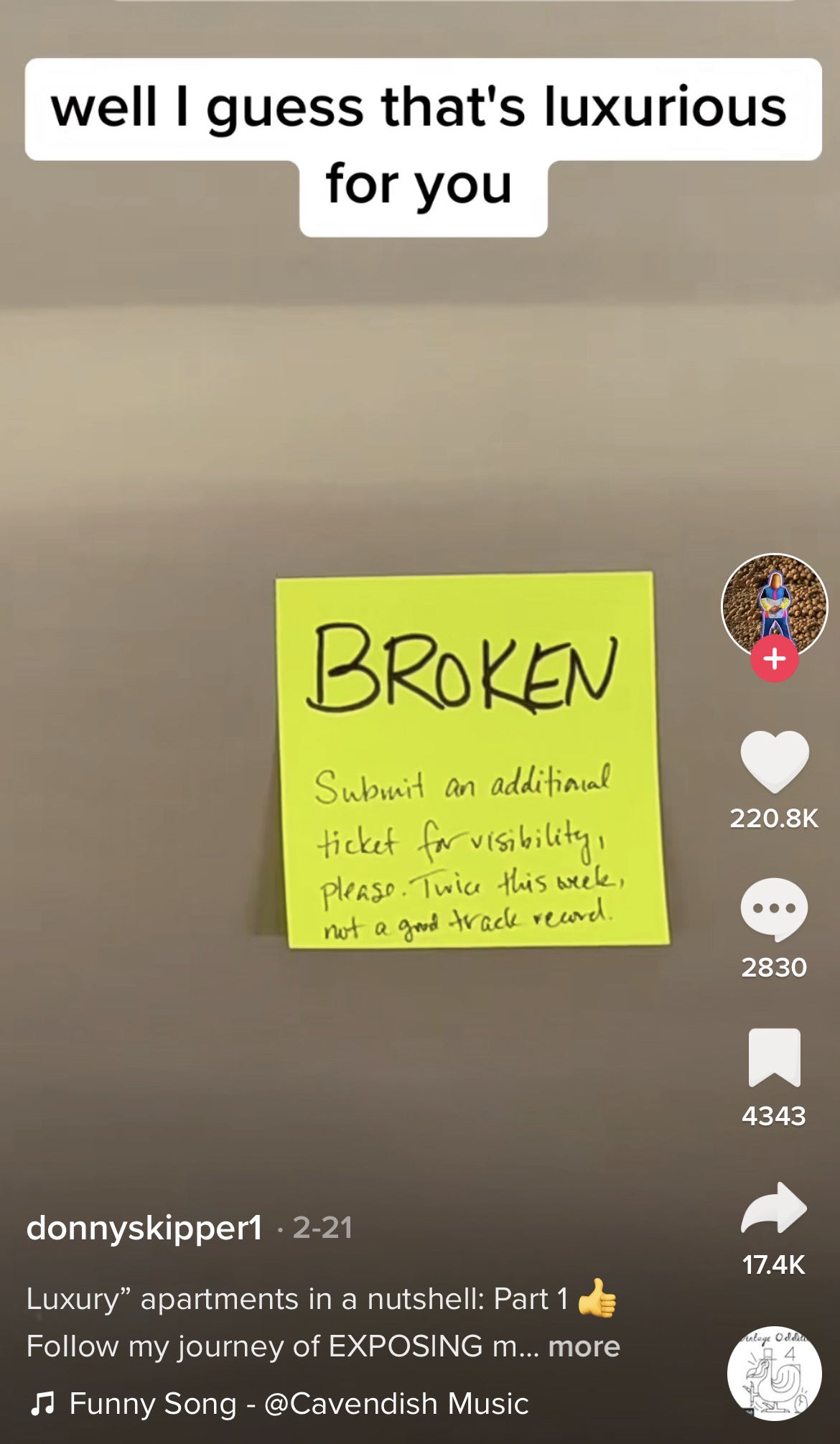 post it saying broken stuck to an elevator door captioned well I guess that&#x27;s luxurious for you