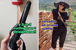a 2-in-1 curling iron and hair straightener / a black jumpsuit on a reviewer