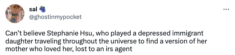 Comment: Can&#x27;t believe Stephanie Hsu, who played a depressed immigrant daughter traveling throughout the universe to find a version of her mother who loved her, lost to an irs agent