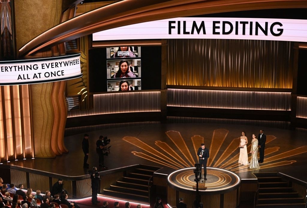 Paul Rogers accepts the Oscar for Best Film Editing for &quot;Everything Everywhere All at Once&quot; onstage