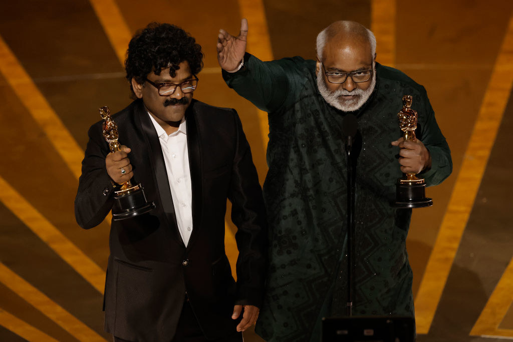 Chandrabose and M. M. Keeravani accept the Best Original Song award for &#x27;Naatu Naatu&#x27; from &quot;RRR&quot;